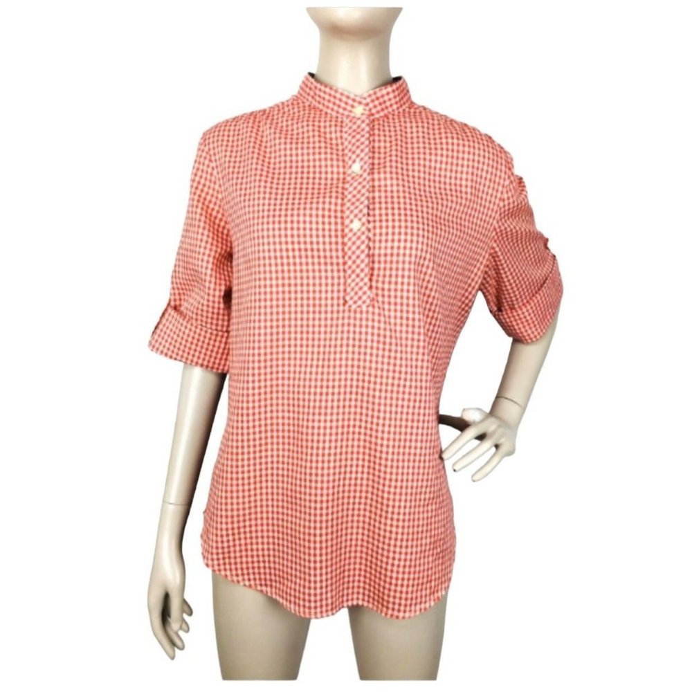 Vintage 1970's Ms Paquette Red White Check Print Pullover Roll-Tab Sleev…